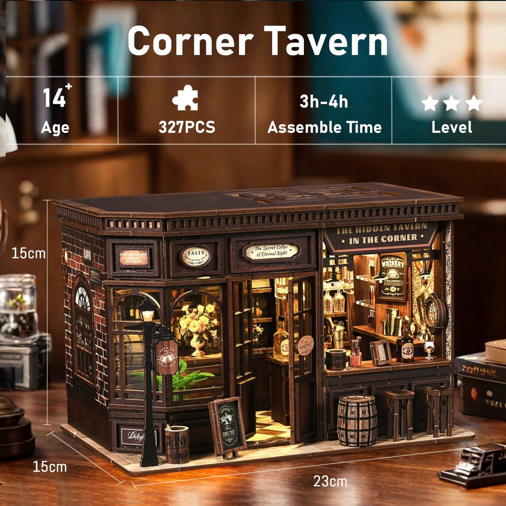 DIY Book Nook Kit, Corner Tavern 3D Wooden Puzzle, Miniature House for Bookshelf Decor,DIY Craft for Adults & Teens (14+),Gift for Family & Friends