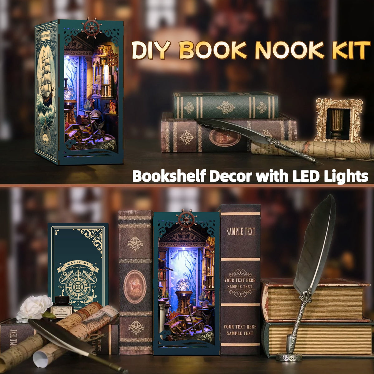 DIY Book Nook Kit, Mysteries Beneath the Sea 3D Wooden Puzzle with LED Light, Bookshelf Craft Kit for Adults Teens (14+)