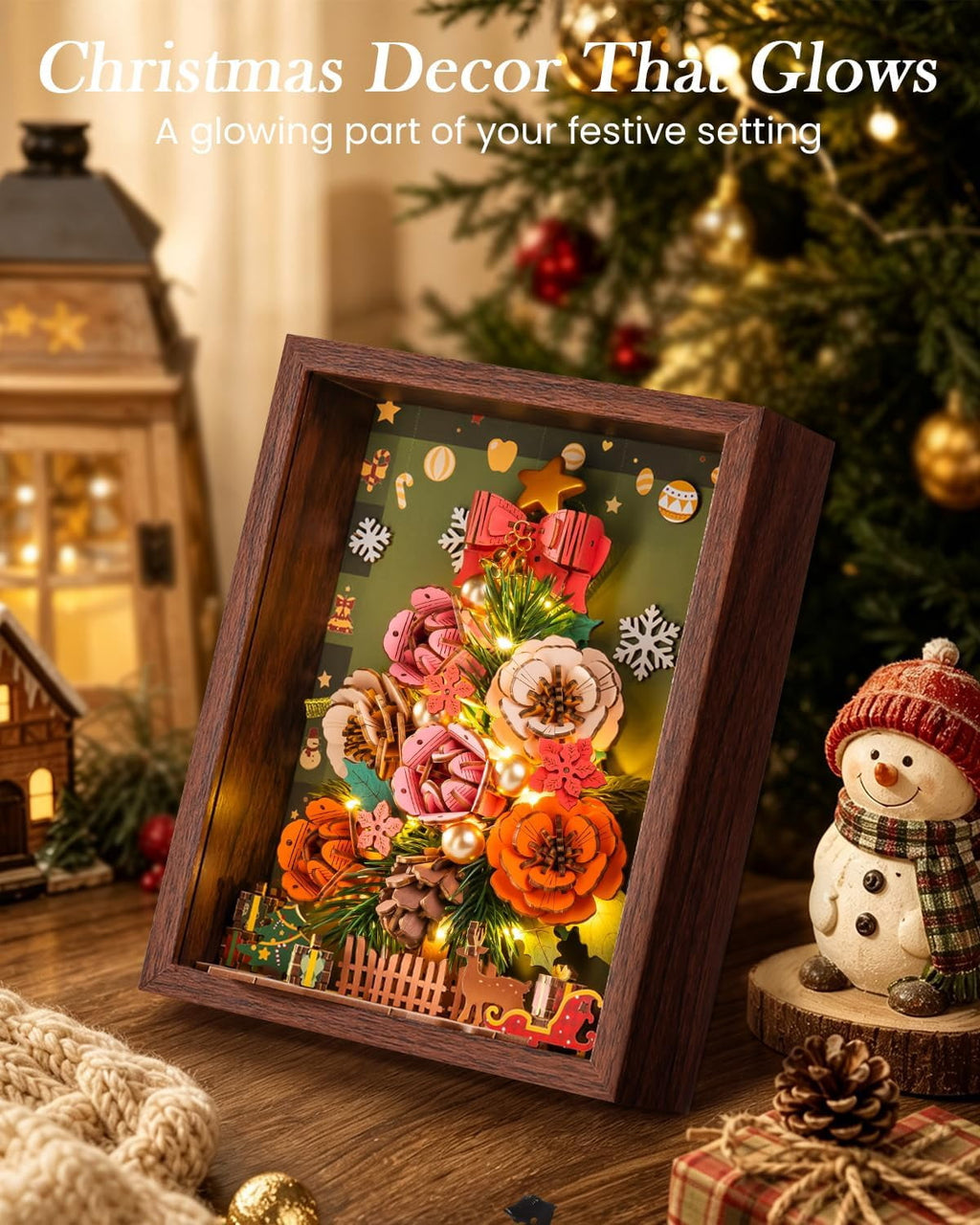 ROWOOD Everglow Christmas Tree, Flower 3D Wooden Puzzle with LED Lights, DIY Holiday Botanical Decoration for Adults Xmas Gift