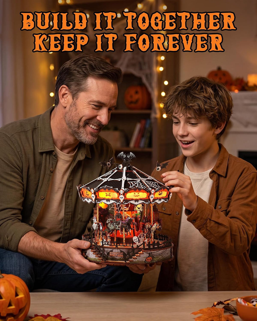 Rolife Phantom Waltz DIY Music Box, 3D Wooden Puzzle with Rotating Halloween Carousel, LED Lights and Music for Adults