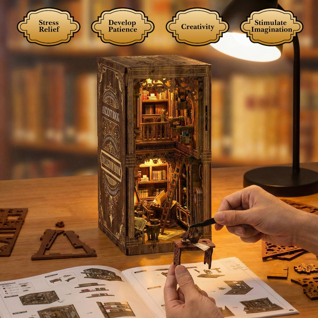 Book Nook Kit for Adults, 3D Wooden Puzzle with LED Light, Ancient Book Collection Model Bookshelf Decor, DIY Miniature MDF Bookshelf Craft Decor
