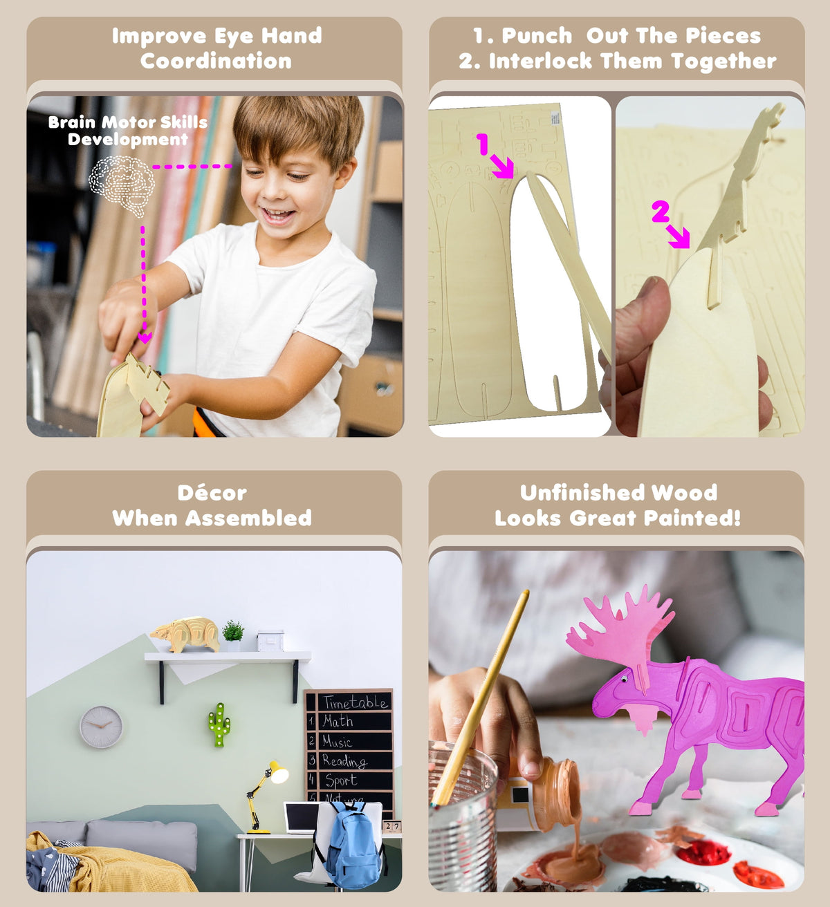 Puzzled Bundle of Moose and Black Bear Wooden 3D Puzzle Construction Kits, Fun Unique & Educational DIY Wild Animals Toys Assemble Model Unfinished Wood Craft Hobby Puzzles to Build & Paint - 2 Pack