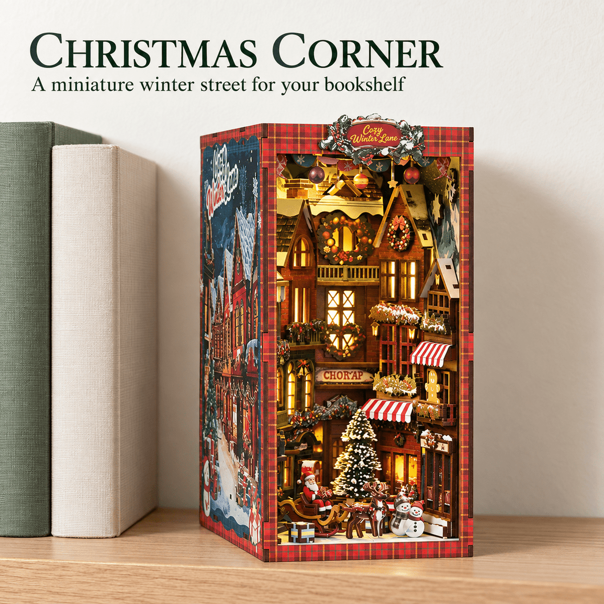 MOJINO Christmas Book Nook Kit, 3D Wooden Puzzle Bookshelf Insert Decor with LED Light, DIY Miniature Model Kit Gifts for Ages 14+