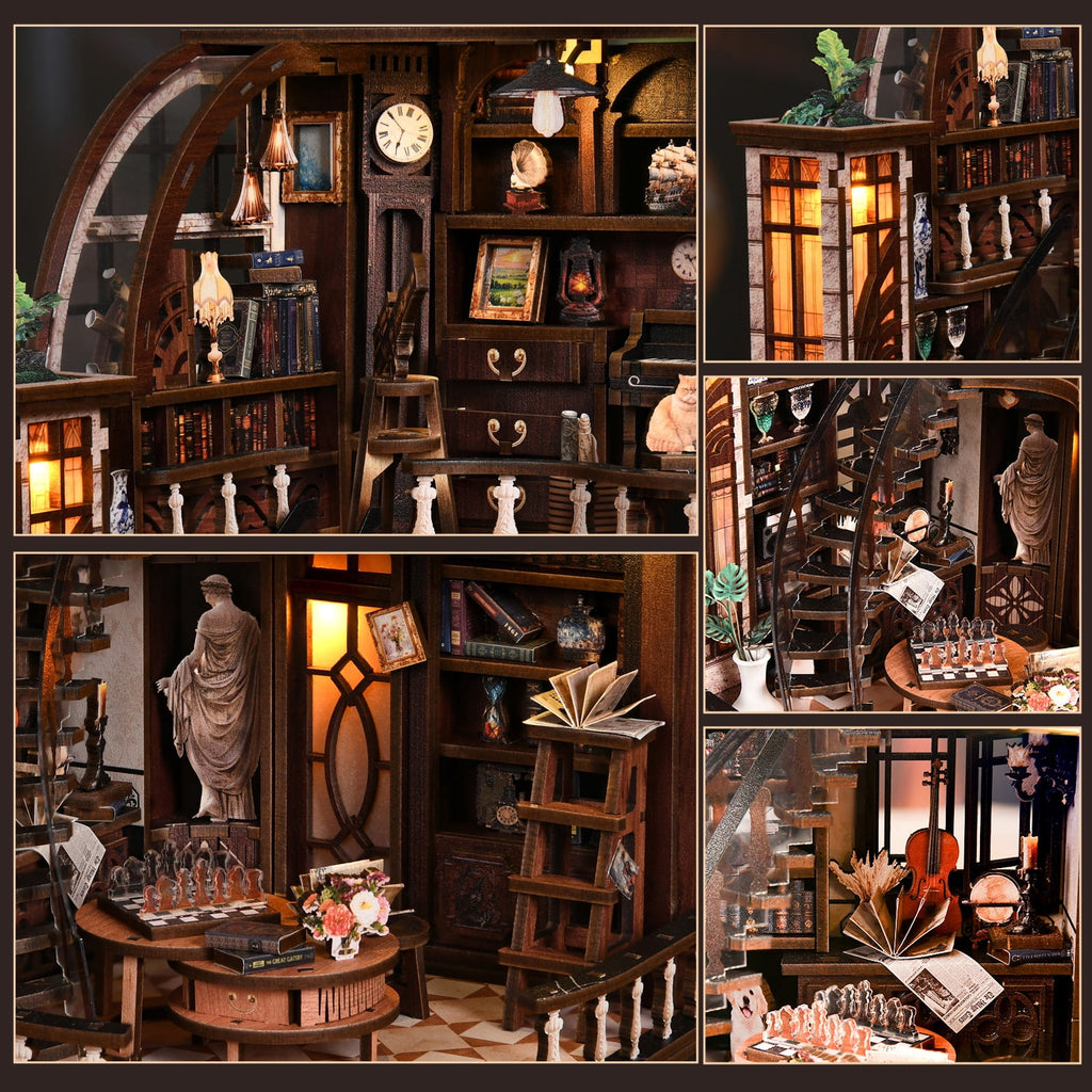 DIY Book Nook Kit with LED Light,Forest Tea Book Club Miniature House Bookshelf Insert Decor, 3D Wooden Puzzle Dollhouse Craft Kit for Adults Teens, Book Lover Gift