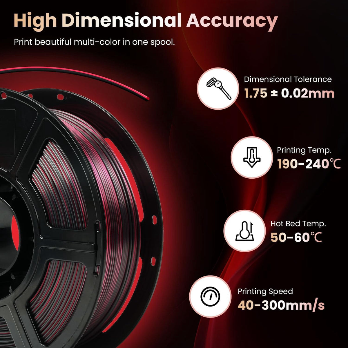 1KG/2.2lb PLA 3D Printer Filament, Dual Color Black Red PLA Filament 1.75mm, Shiny Color Change 3D Printing Filament