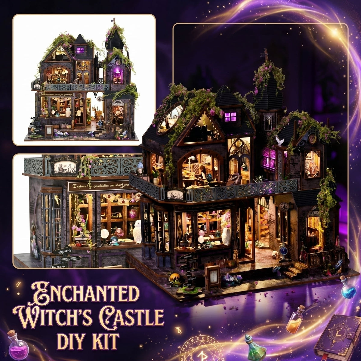 Dollhouse Kit for Adult Builders, DIY Magic Castle Gothic Witch Miniature House, 3D Wooden Puzzle Diorama with Touch‑Activated LED Lights and Music Box, Halloween Tabletop Display Gift
