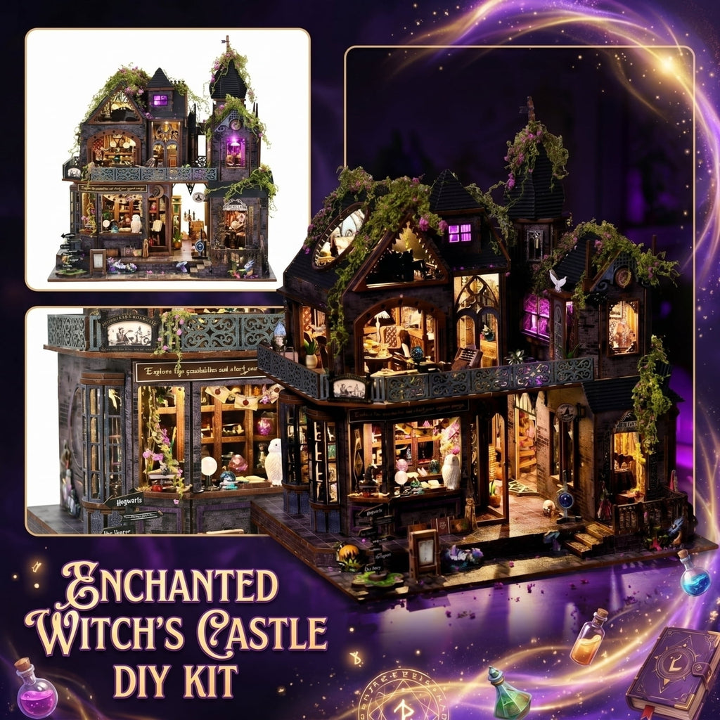 Halloween DIY Enchanted Castle, Light‑Up Musical Magic Store Building Set, Craft Kits for Adults, Detailed Wooden 3D Puzzle Model, Halloween Decorations Indoor & Holiday Collectible Gift