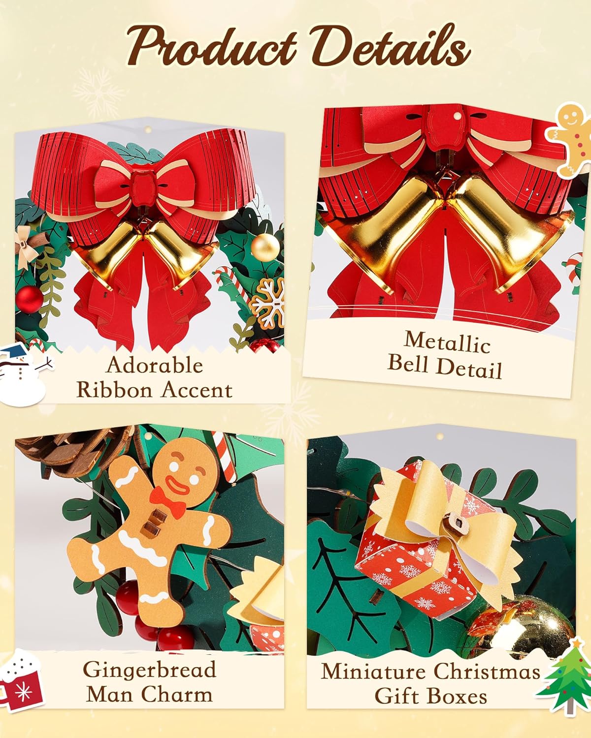 ROBOTIME Christmas Wreath with Red Bow, Pine Cones, Berries & Bells,16in LED Eucalyptus Wreath 3D Wooden Puzzles for Adults,252pcs DIY Creative Gifts for Holiday Window Fireplace Door Decor