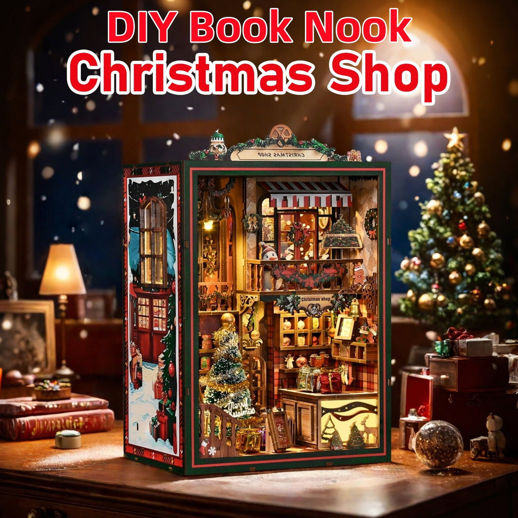 Diy Book Nook Kit with Music Box, Christmas Shop 3D Wooden Puzzle for Bookshelf Decor, Miniature House Craft Gift for Adults & Teens