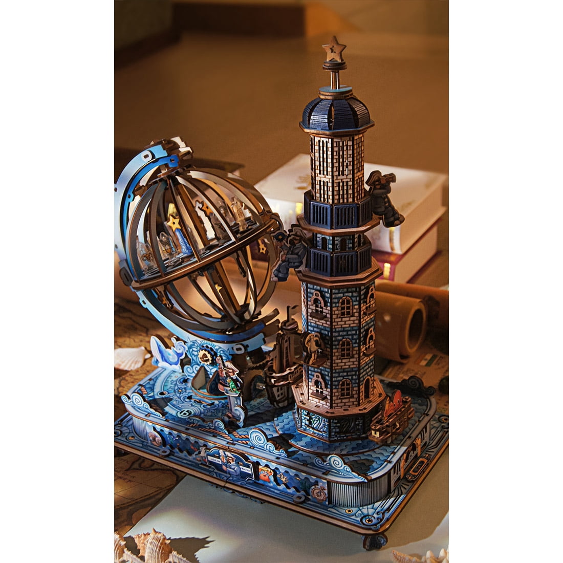 3D Wooden Puzzle Seaside Lighthouse Cabin Coastal Village Desk, 360 PCS, DIY Assembly Miniature Building Model Kit For Home Decor, Shelf Display And Creative Gifts
