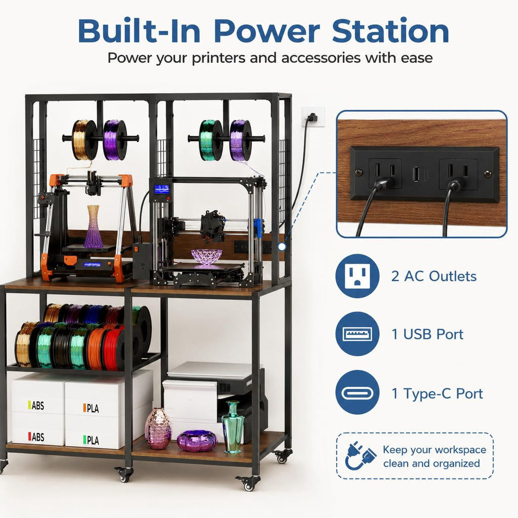 Heavy Duty 3D Printer Stand with Filament Storage Rack, Mobile 3D Printer Workbench with T-Shaped Filament Spool Holder, Lockable Wheels & Storage Shelves for Home Office Workshop (Style A)