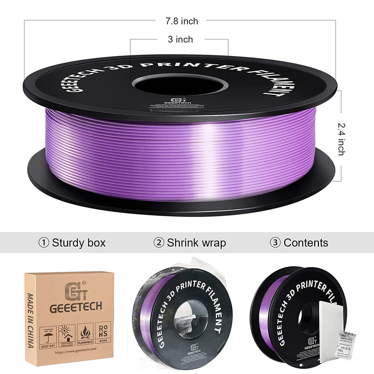 Geeetech 3D Printer Silk Purple PLA Filament 1.75mm 1kg Spool (2.2lbs), Dimensional Accuracy +/- 0.03mm