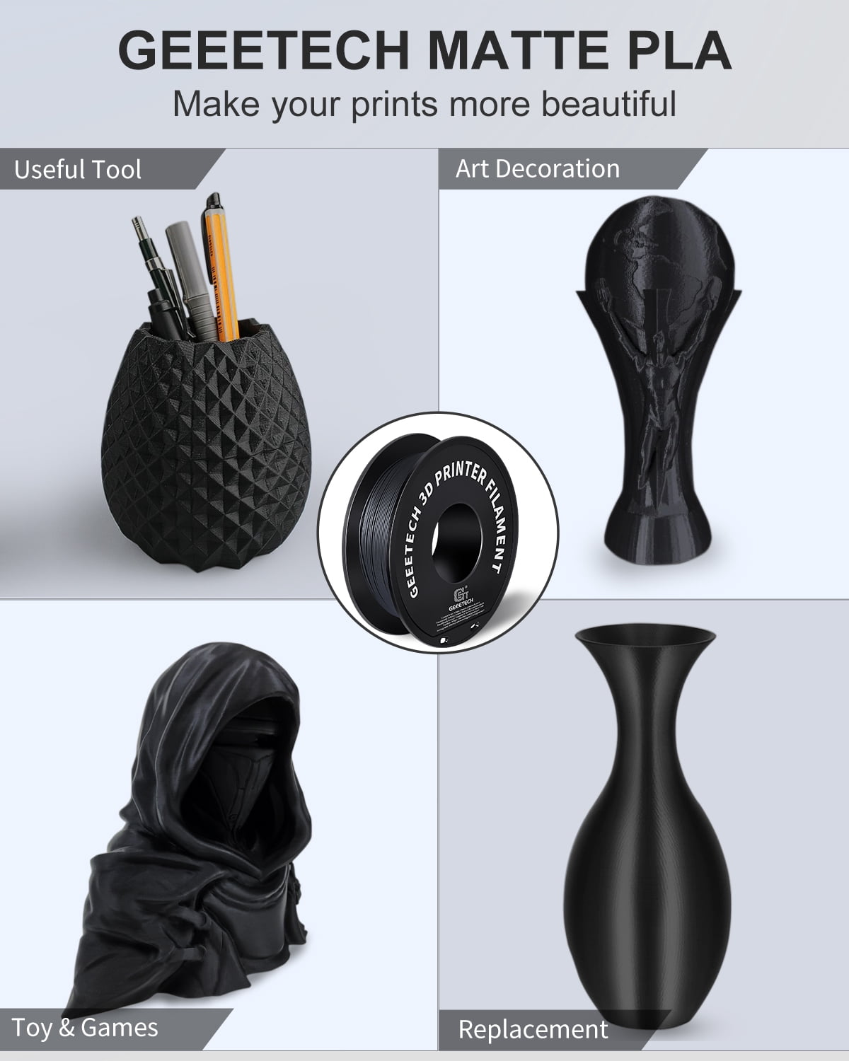 GEEETECH Matte PLA Filament, 1.75mm Matte Black 3D Printer Filament, 1kg Spool (2.2lbs), Dimensional Accuracy +/- 0.03 mm, Fit Most FDM Printer