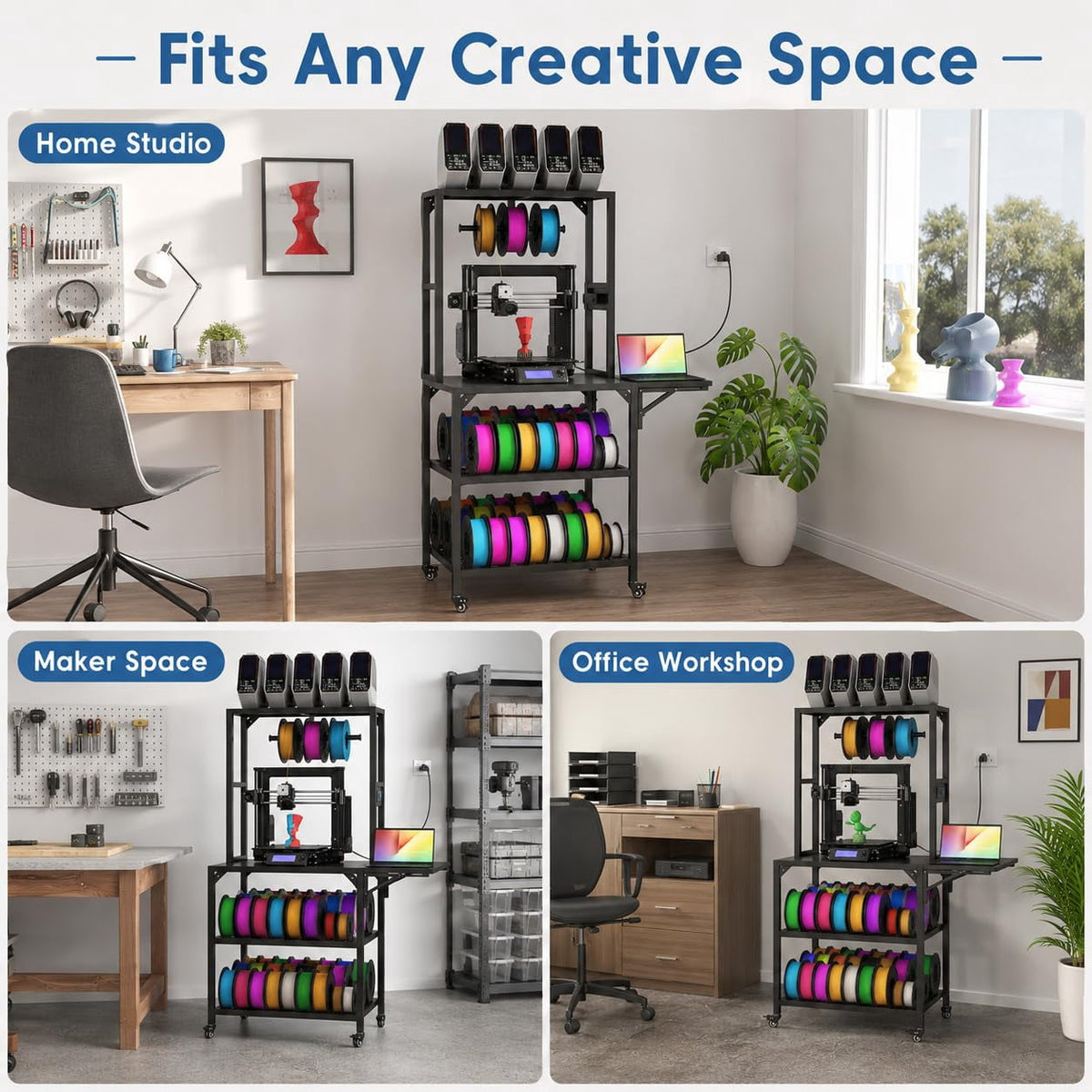 Heavy Duty 3D Printer Stand with Filament Storage Rack, Mobile 3D Printer Workbench with T-Shaped Filament Spool Holder, Lockable Wheels & Storage Shelves for Home Office Workshop (Style A)