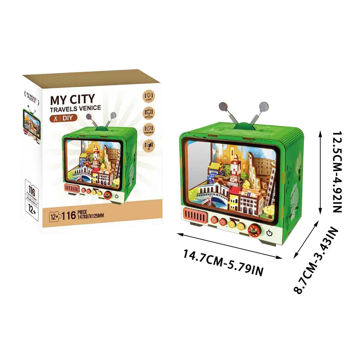 Yardvibe CityVision 3D Wooden Building Puzzle, TV-Shaped 3D Wooden Puzzle with LED Lights & Street View Inside, DIY Craft Model Kit for Adults, Elegant Home Decor & Creative Gift (Japan)