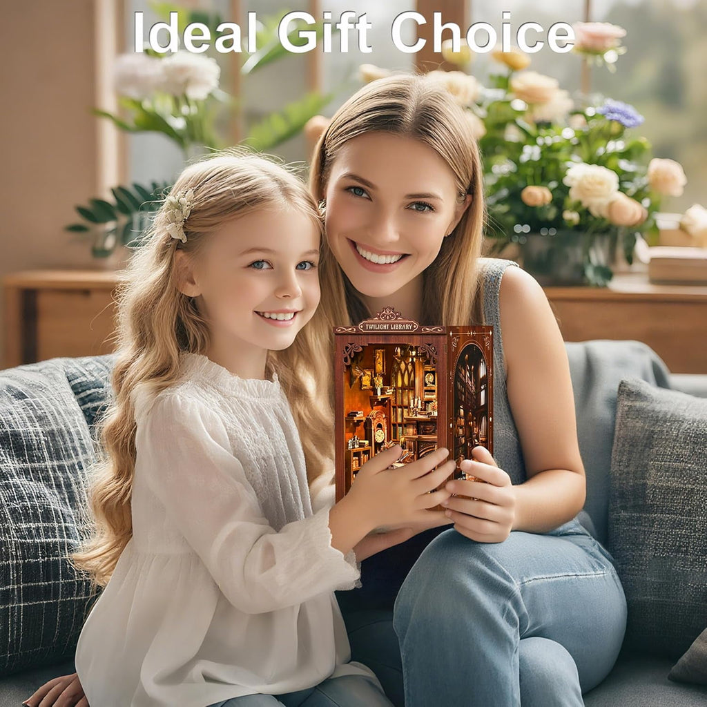 Book Nook Kit, MOJINO DIY Miniature House Kit, Wooden 3D Puzzle Glimmering Book Pavilion, DIY Handmade Book Nook Models, Birthday and Mother's Day Gifts for Family and Friends