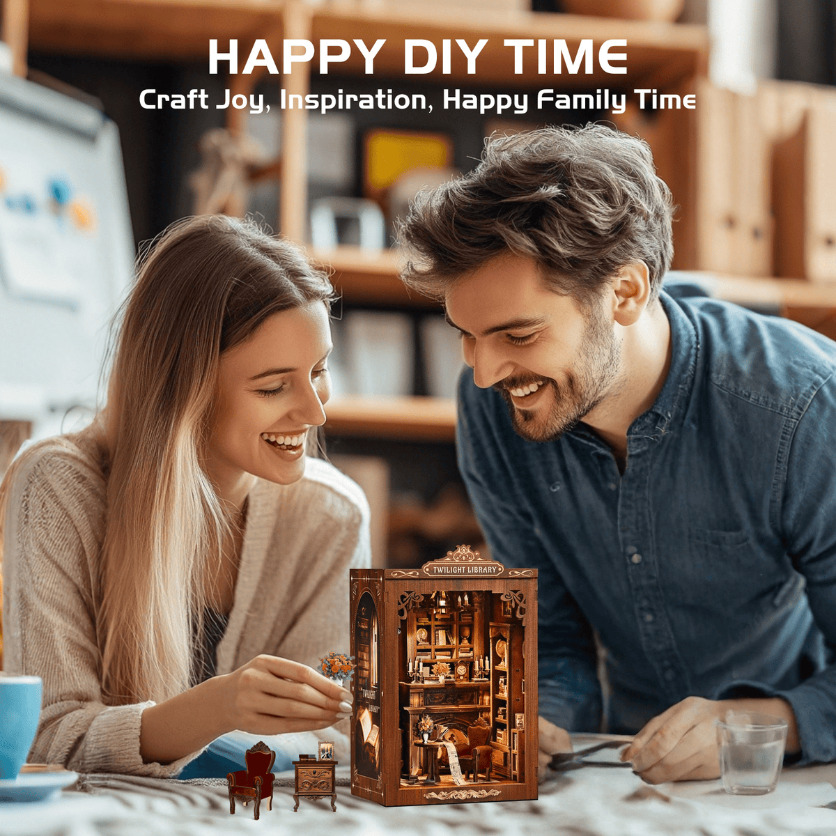 DIY Book Nook Kit – 3D Wooden Puzzle Miniature House Bookshelf Insert with LED Light, Craft Kit for Adults & Teens, Library of Glimmers