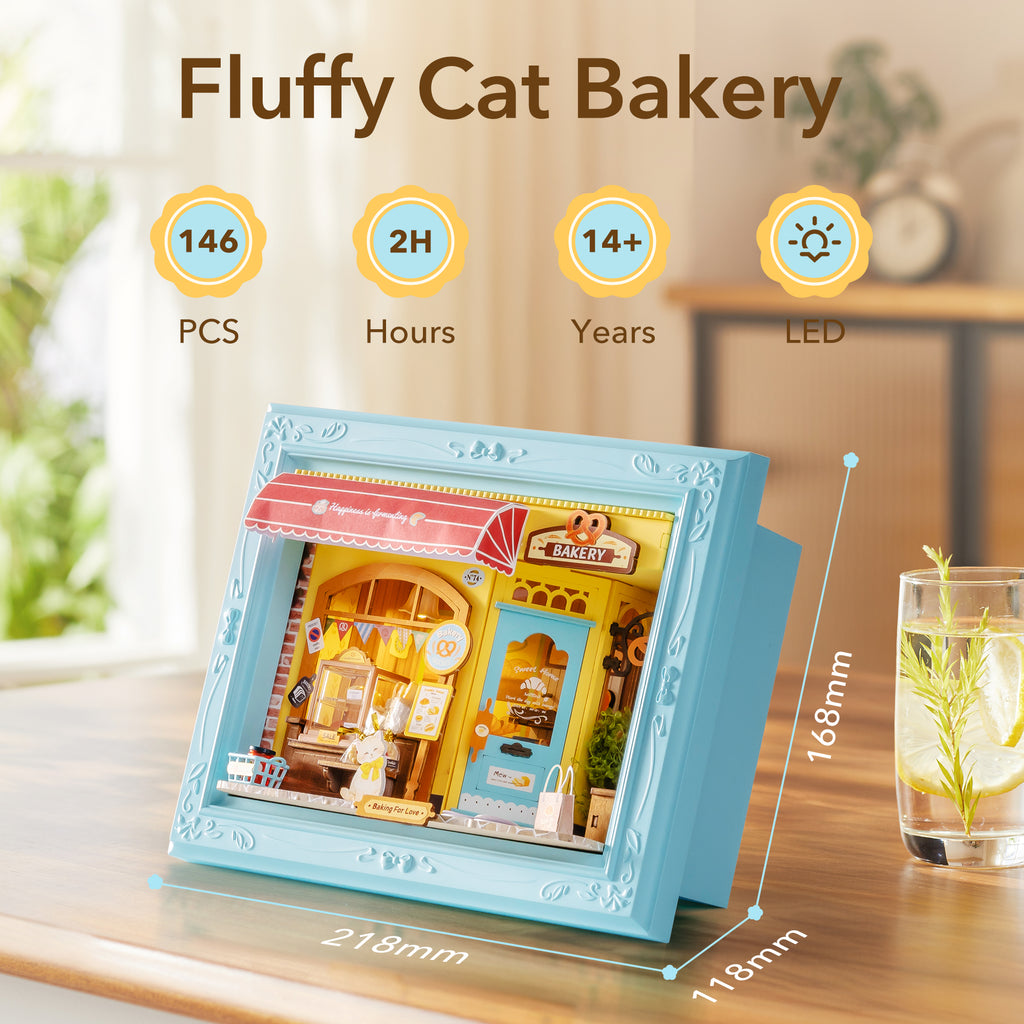ROBOTIME 3D Wooden Puzzle, Wall-Mountable Tiny Home Creative Frame, Holiday Home Decor Craft Kits, Christmas Birthday Gifts for Adults Teens(Fluffy Cat Bakery)
