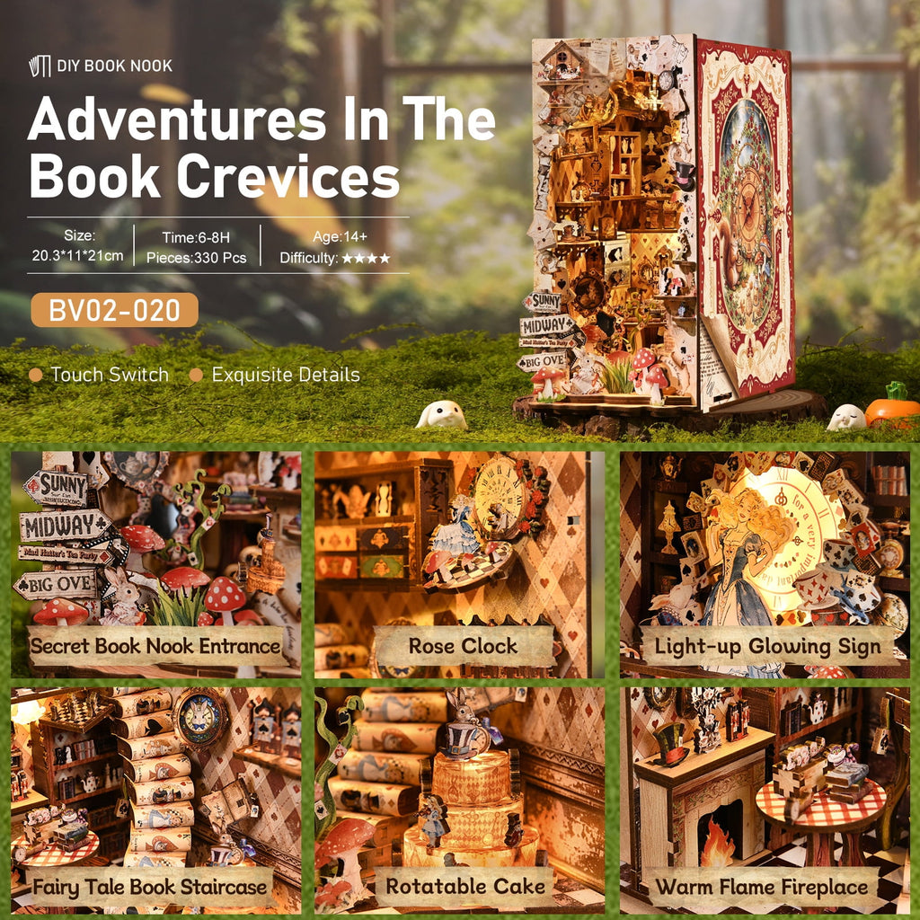 DIY Book Nook Kit with LED Light, Fantasy Wonderland Fold-Out Storybook Diorama, 3D Wooden Puzzle Bookshelf Decor Gift for Adults Teens
