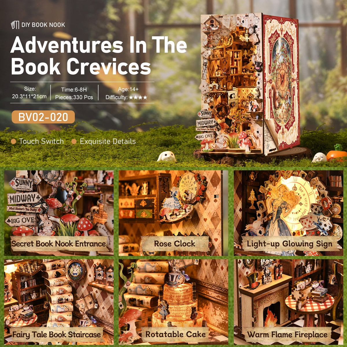 DIY Book Nook Kit with LED Light, Fantasy Wonderland Fold-Out Storybook Diorama, 3D Wooden Puzzle Bookshelf Decor Gift for Adults Teens