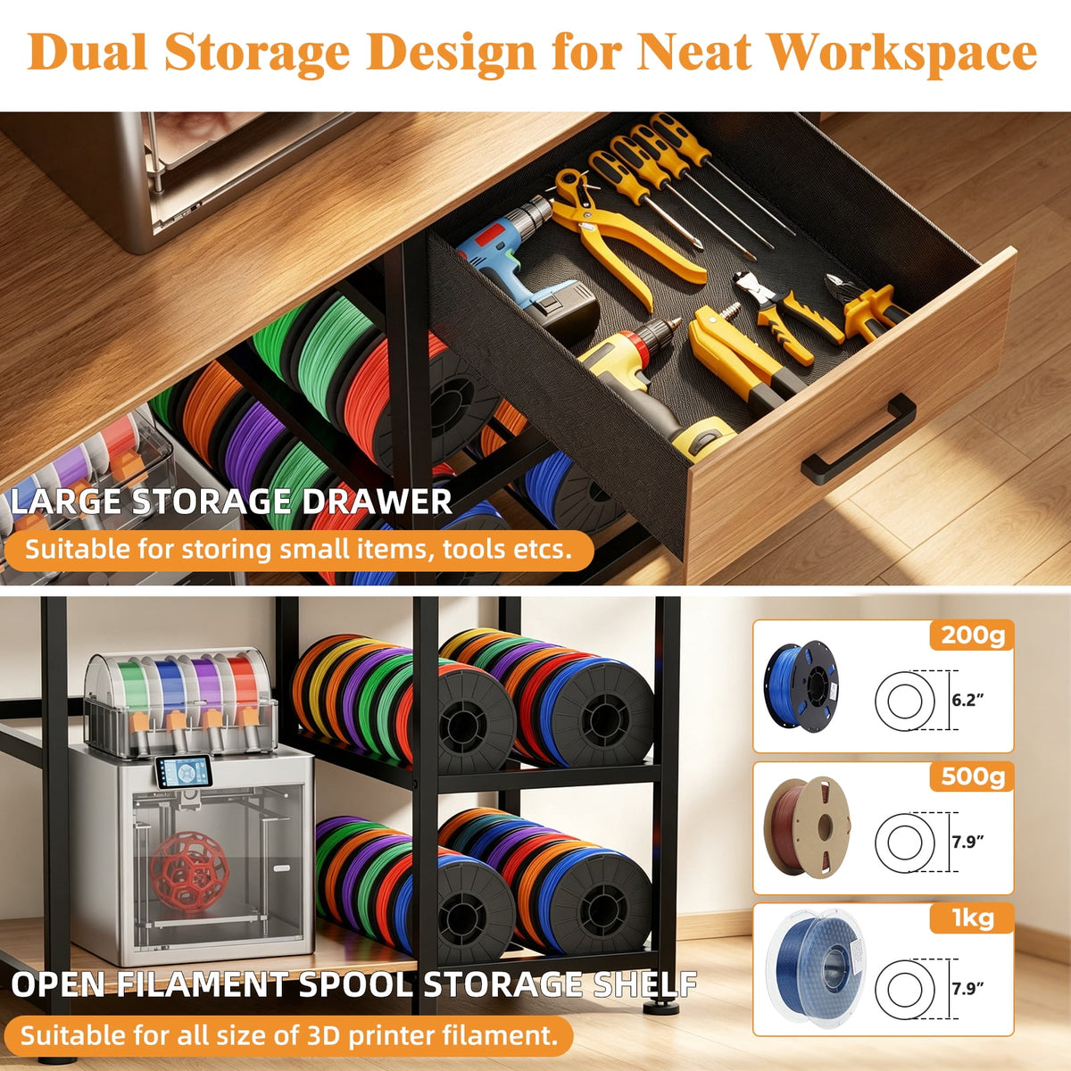 Jivora 37.80" 3D Printer Stand with Filament Storage, Workstation Table with Drawer and Pegboard