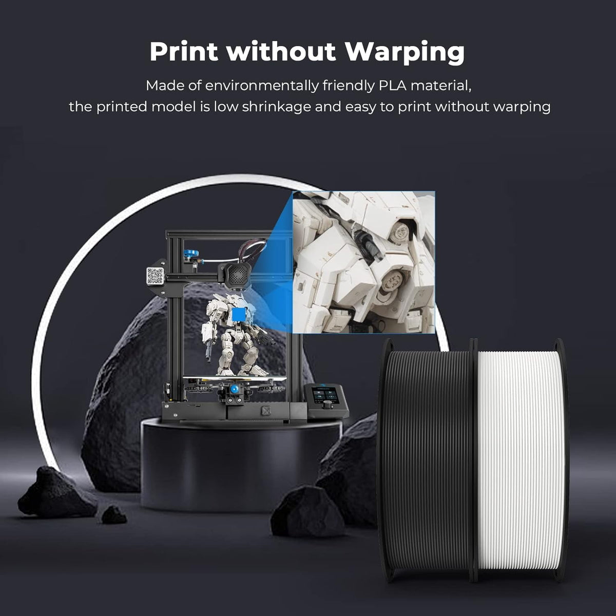 2-Pack Creality 3D Printer Filament, 1.75mm PLA Filament 2kg, No-Tangling,Accuracy +/- 0.02mm, Black & White
