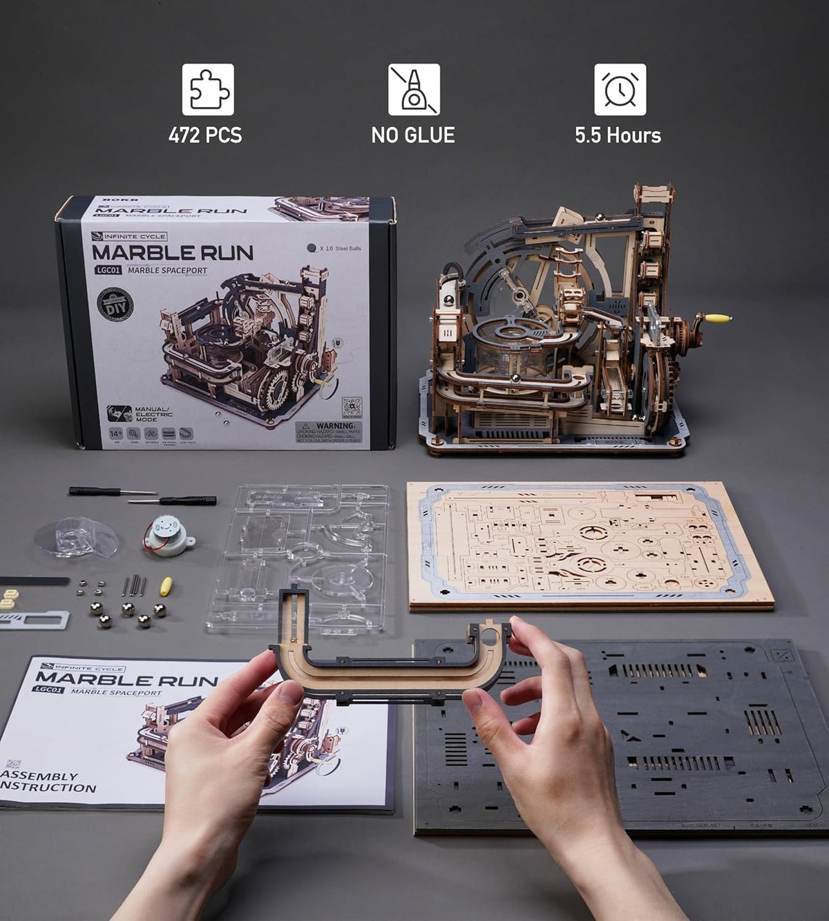 Robotime Wooden 3D Puzzles for Adults, Motorized Marble Machine Model Kit,Stem Building Kit