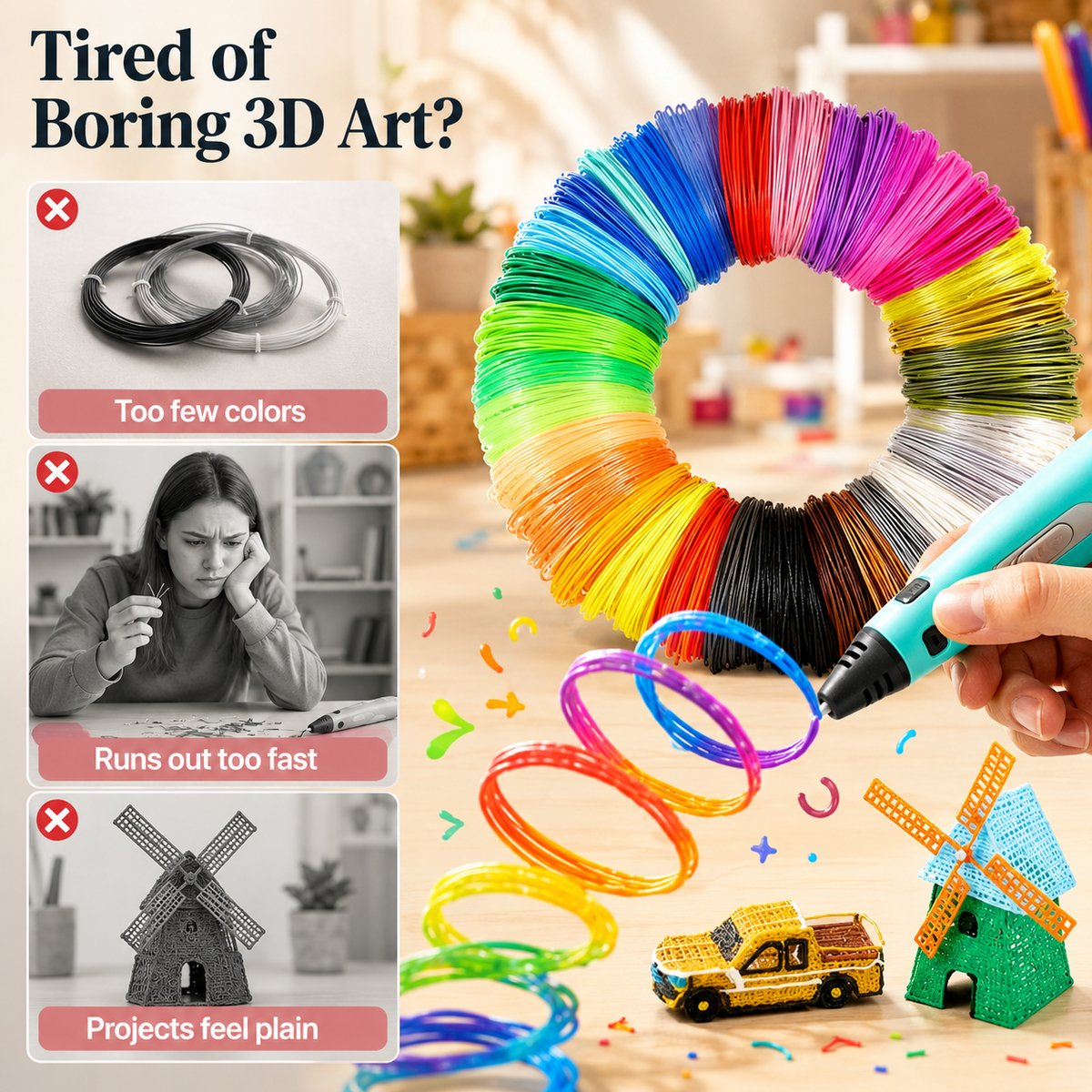 PLA 3D Pen Filament Refills, 20 Colors 3D Printing Filament, 3 Meters Each Color, 60 Meters Total for 3D Drawing and Craft Projects