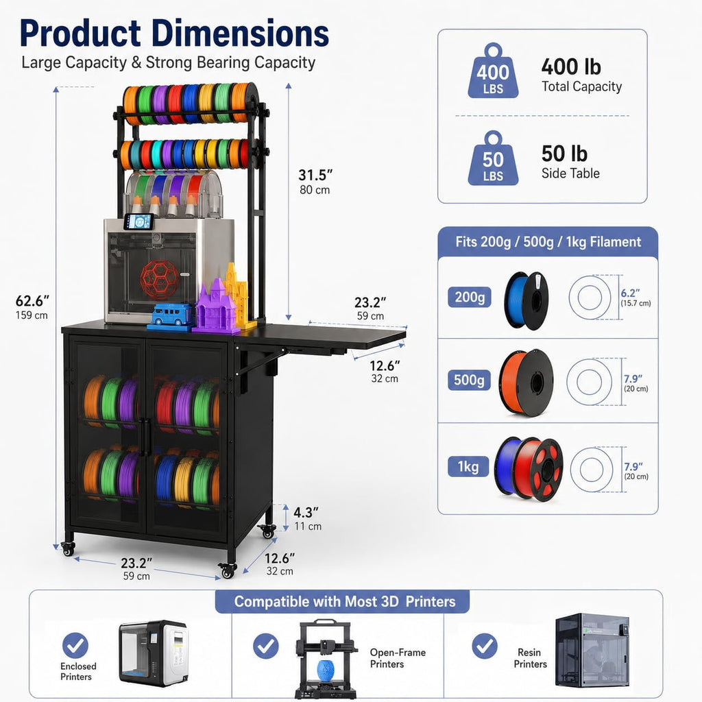 Heavy Duty 3D Printer Stand with Filament Storage Rack, Mobile 3D Printer Workbench with T-Shaped Filament Spool Holder, Lockable Wheels & Storage Shelves for Home Office Workshop (Style A)