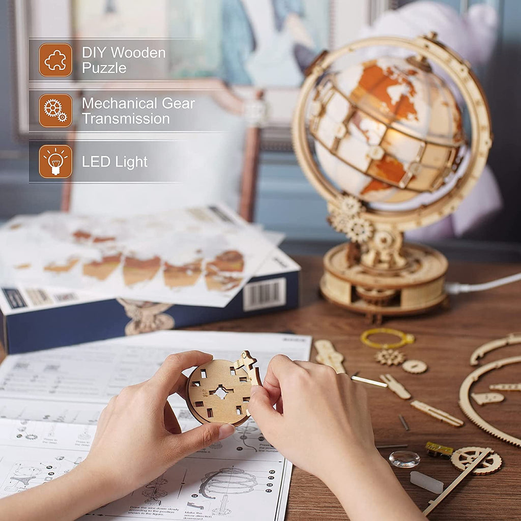 Robotime Luminous Globe Wood 3D Puzzle with Night Light, Creative Gift for Adults & Teens 14+, 180 Pieces