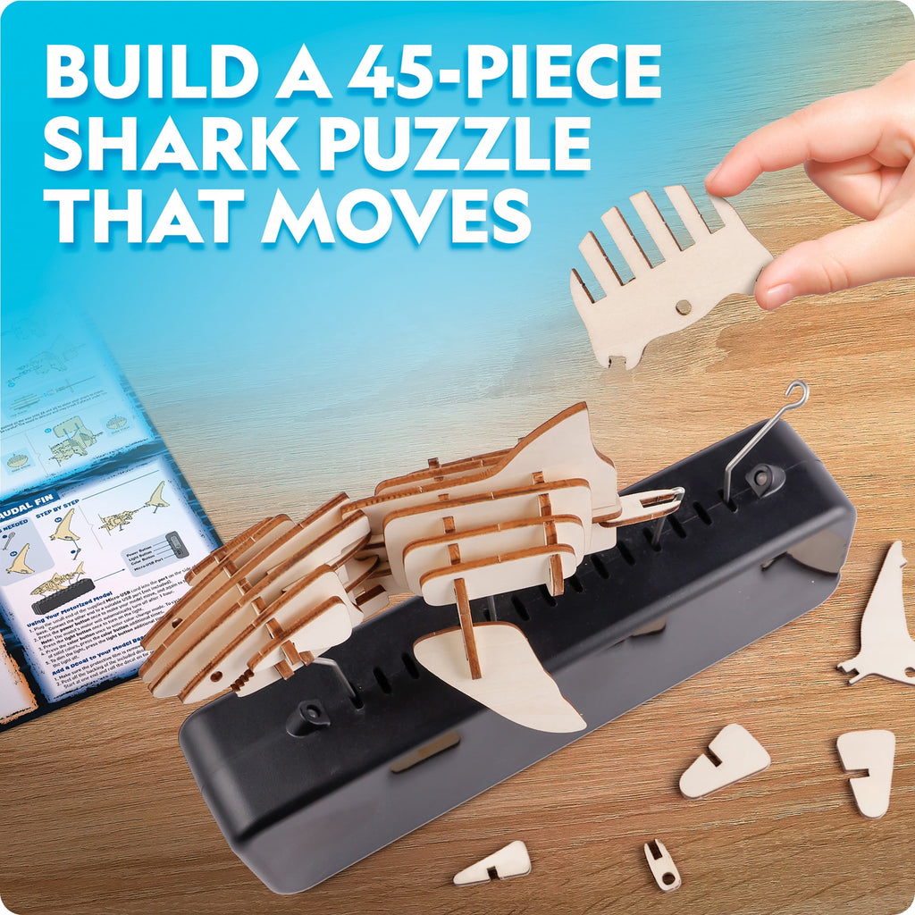 National Geographic Motorized Shark 3D Puzzle – 45-Piece Wooden Model Kit with Light-Up Display Base and Shark Facts