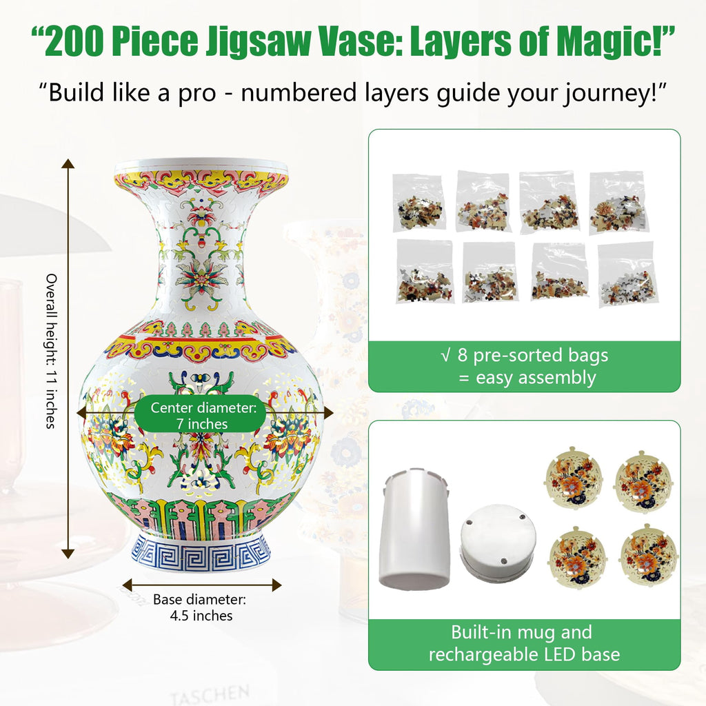 3D Vase Puzzle with Lighting ,200Pieces 3D Puzzles for Adults,Vase Puzzle for Home Decor,Christmas Birthday Gifts
