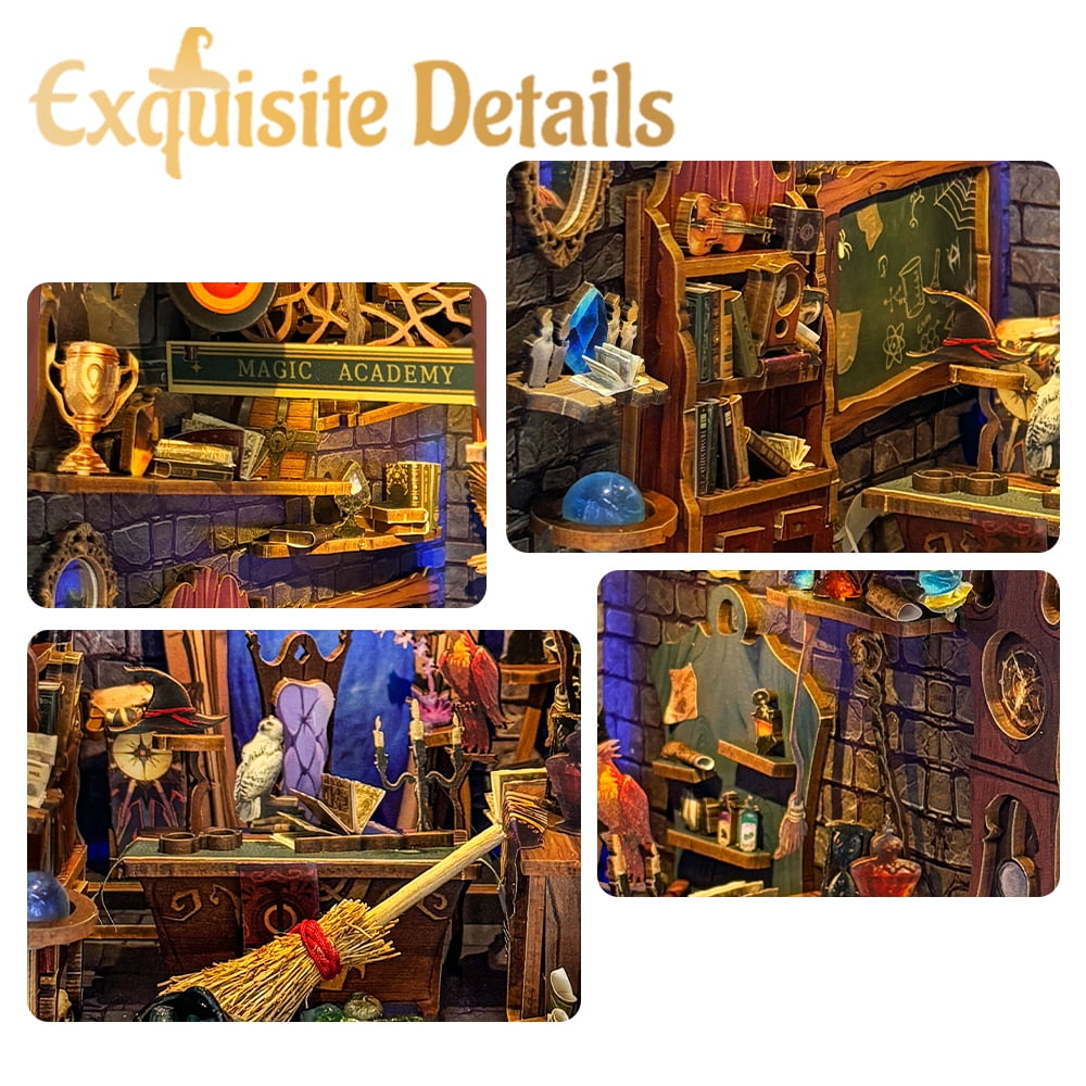 Strucwood DIY Book Nook Kit Magic Academy: 3-Color LED, Remote Control & Dust Cover, 3D Wooden Puzzle Gift for Adults（SQ-38）