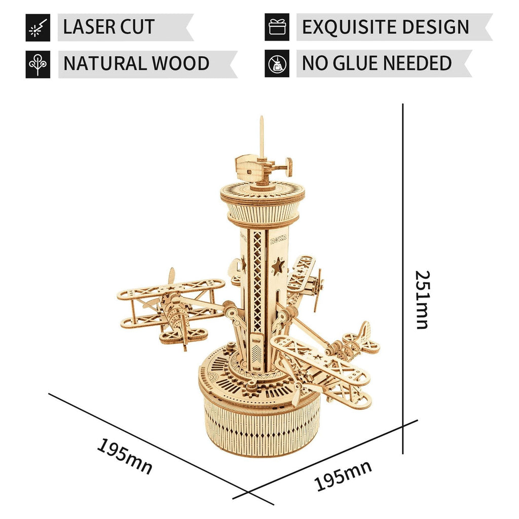 ROKR 3D Wooden Puzzle Mechanical Music Box,DIY Aircraft Model Kits to Build,Best Toy Gift for Kids Adults on Birthday,Decoration for Room(AMK41 Airplane Control Tower)