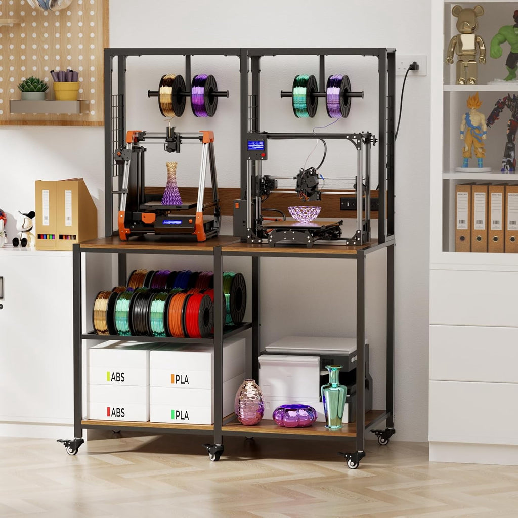 YWEN Double 3D Printer Stand with Filament Storage, Heavy-Duty Metal Frame Dual 3D Printer Table Workbench, T-Type Filament Holder, Lockable Wheels, Mobile or Fixed Printer Rack for Home & Workshop