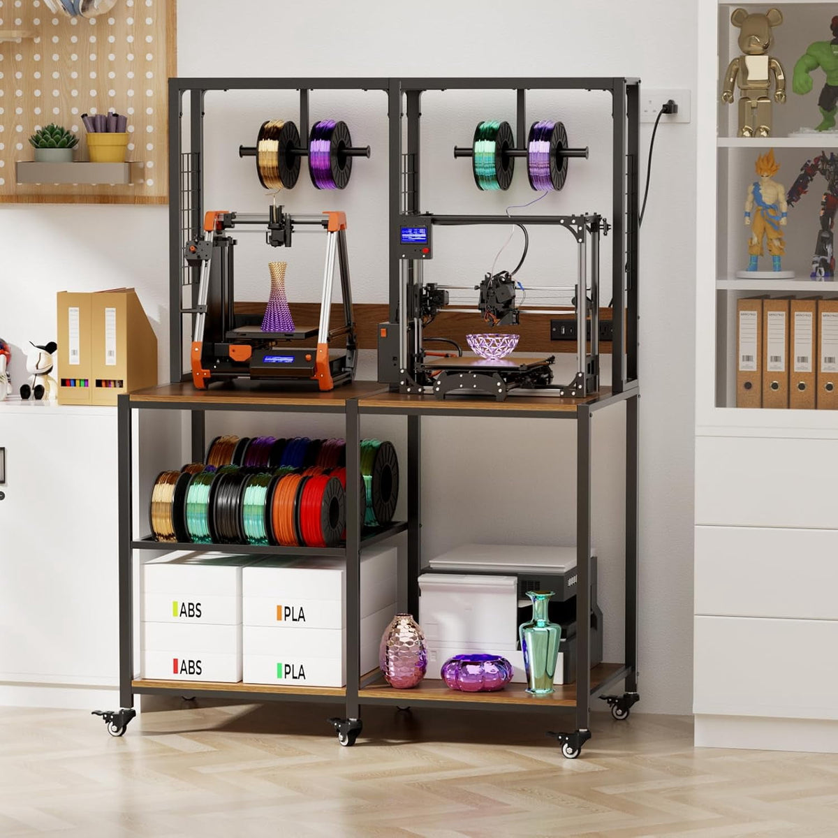 YWEN Double 3D Printer Stand with Filament Storage, Heavy-Duty Metal Frame Dual 3D Printer Table Workbench, T-Type Filament Holder, Lockable Wheels, Mobile or Fixed Printer Rack for Home & Workshop