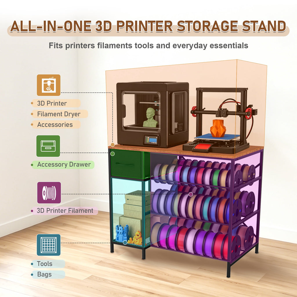 3D Printer Stand with Large Filament Storage – 4-Tier 3D Printer Filament Storage Rack with Drawer, Heavy Duty 3D Printer Table Desk for Home, Workshop, Office, Studio, Classroom, Garage