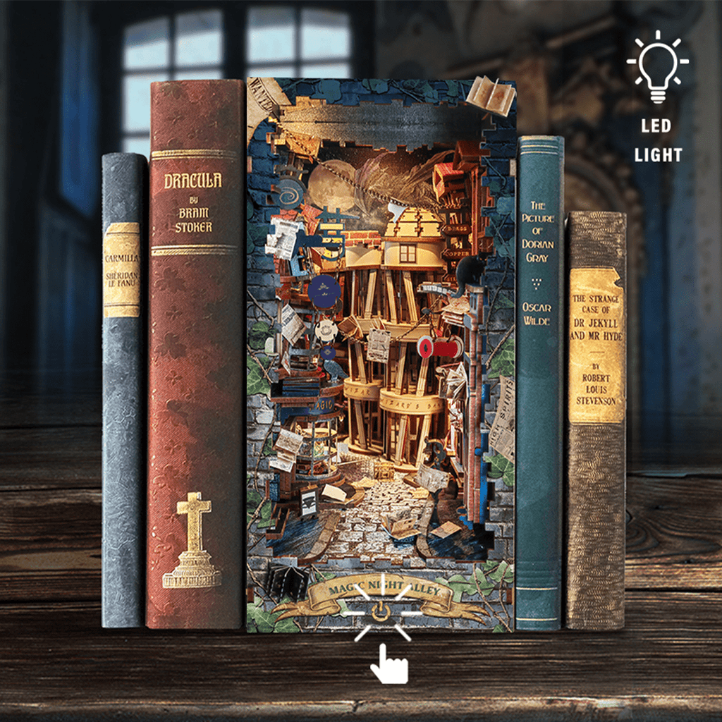 Strucwood DIY Book Nook Kit Magic Night Alley Wooden Puzzles with LED Dust Cover,3D Crafts Hobbies,Gifts for Adults(SQ-16)