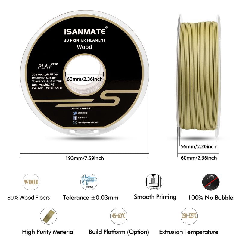 iSANMATE 1.1KG Wood PLA 3D Printer Filament, 1.75mm Cherry Wood Color, Real Wood Texture, ±0.03mm for FDM 3D Printers