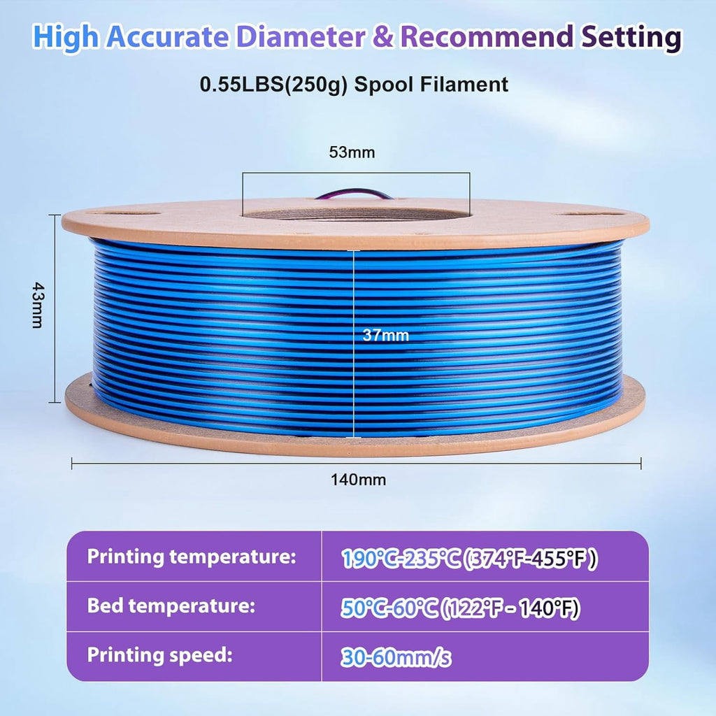 Multicolor 3D Printer Filament,Dual/Tri Color 1.75mm PLA Silk Shiny Printing Filament,250g(0.55lbs) Fit Most FDM 3D Printer