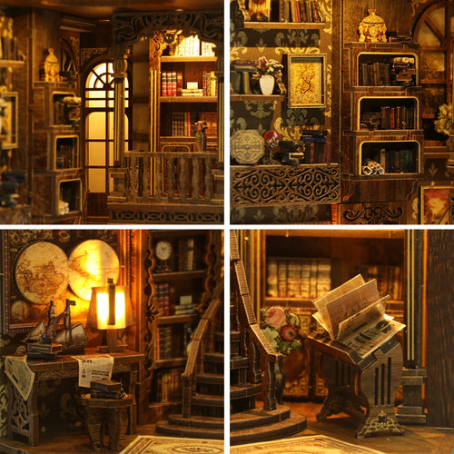 Book Nook Kit, Antique Library DIY Miniature House 3D Wooden Puzzle with LED Light, Bookshelf Insert Decor, Craft Kit Gift for Adults & Teens, Age 14+