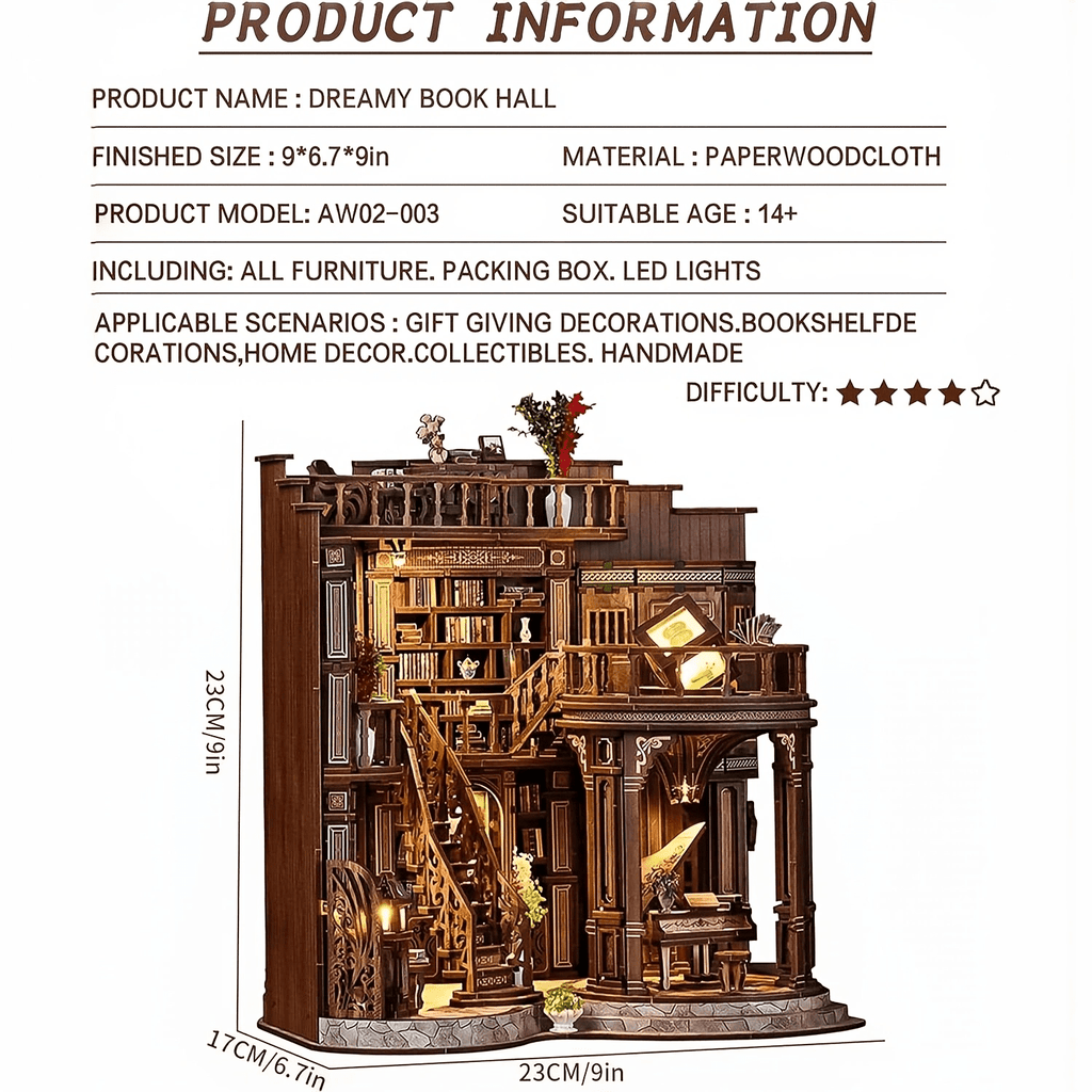 Feuymoent DIY Miniature Dollhouse Book Nook Kit, 3D Wooden Puzzle Book Nook Craft Bookshelf Decor, Adult Craft Kits Gift with Led Light