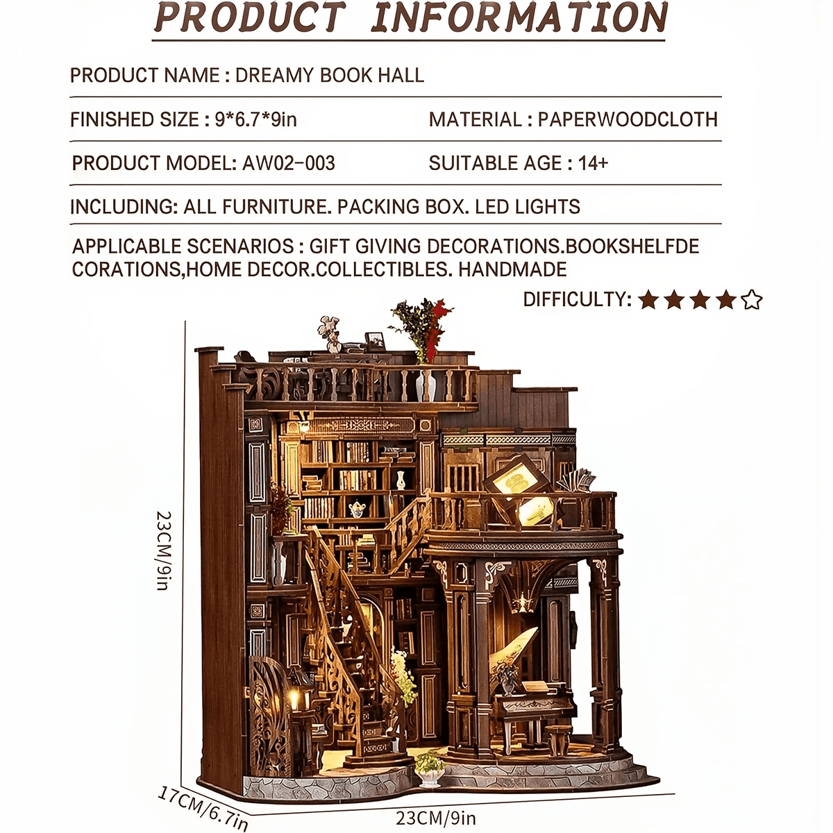 Feuymoent DIY Miniature Dollhouse Book Nook Kit, 3D Wooden Puzzle Book Nook Craft Bookshelf Decor, Adult Craft Kits Gift with Led Light