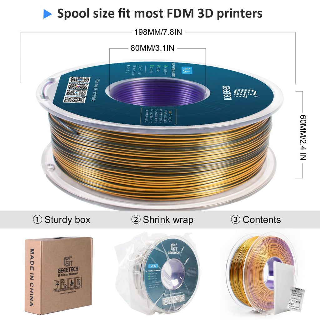 Geeetech Anti-silk type 3D Printer PLA Filament 1kg Toughness Enhanced Filament with 1.75mm Dimensional Accuracy +/-0.03mm, 1080 Feet per Roll, Vacuum Packaging Three-color blue, purple and black