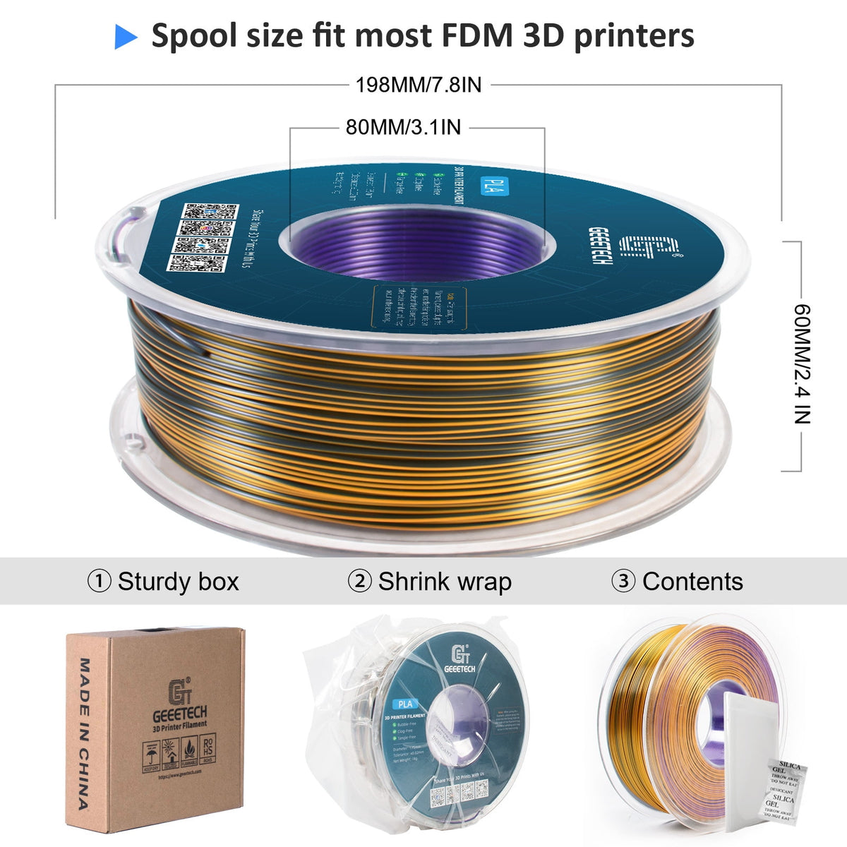 Geeetech Anti-silk type 3D Printer PLA Filament 1kg Toughness Enhanced Filament with 1.75mm Dimensional Accuracy +/-0.03mm, 1080 Feet per Roll, Vacuum Packaging Three-color blue, purple and black