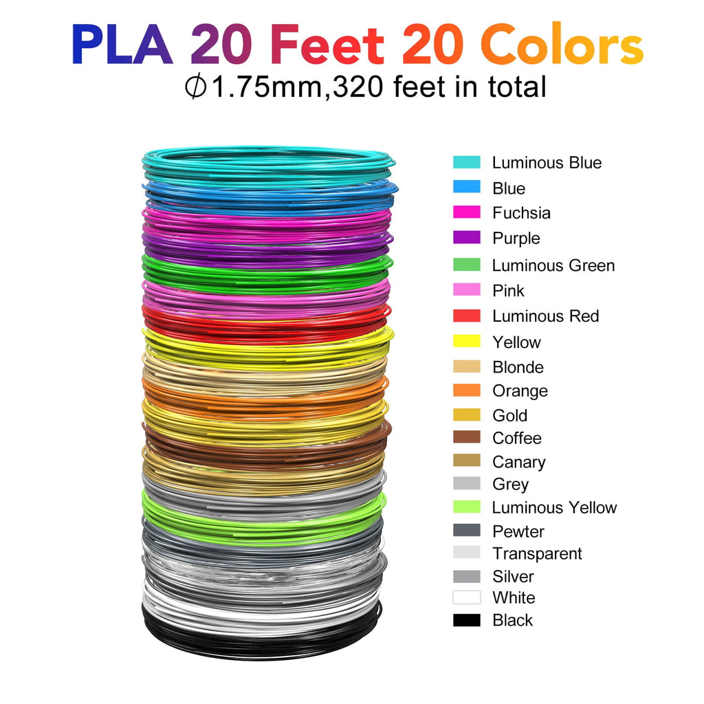 3D Pen PLA Filament Refills, 1.75mm PLA Filament Pack of 20 Colors Each Color 16 feet, Total 320 Feet, Create Professional Safety Refill for Kids, for 3D Pens and 3D Printers Arts