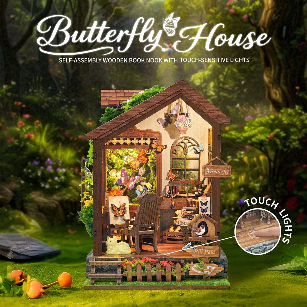 Strucwood DIY Book Nook Kit Butterfly House Wooden Puzzles with LED Dust Cover,3D Crafts Hobbies,Gifts for Adults Teen Christmas (SQ-60)