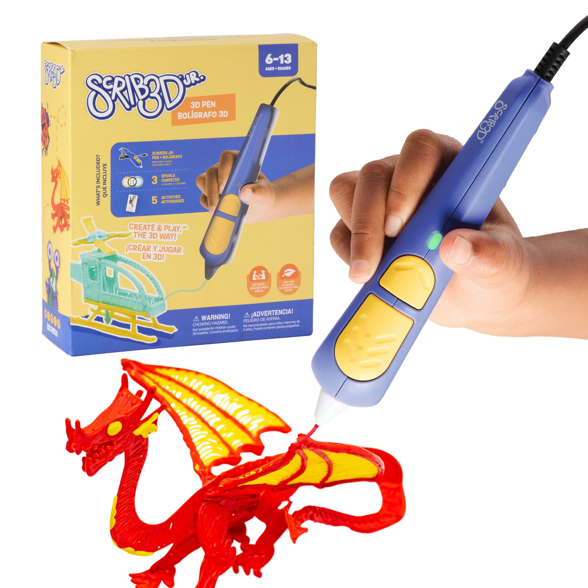 SCRIB3D Junior 3D Printing Pen for Kids Ages 6+, No Hot Parts, Includes 30 ft Filament and Activity Guide