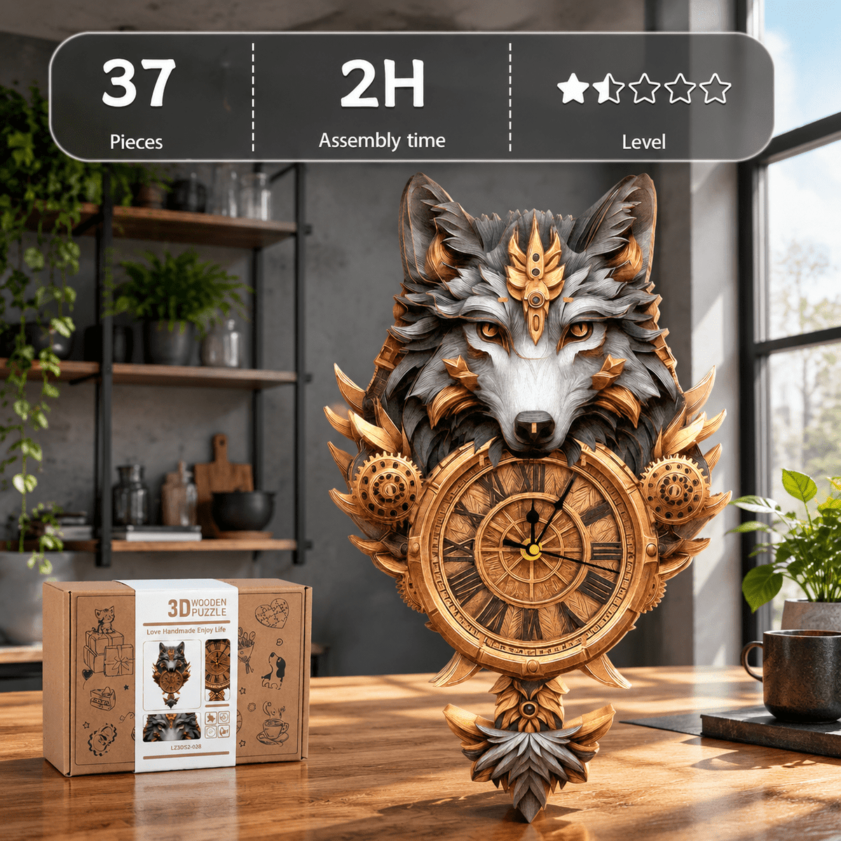 Fire Phoenix Wooden 3D Puzzle Clock DIY Model Kit for Adults