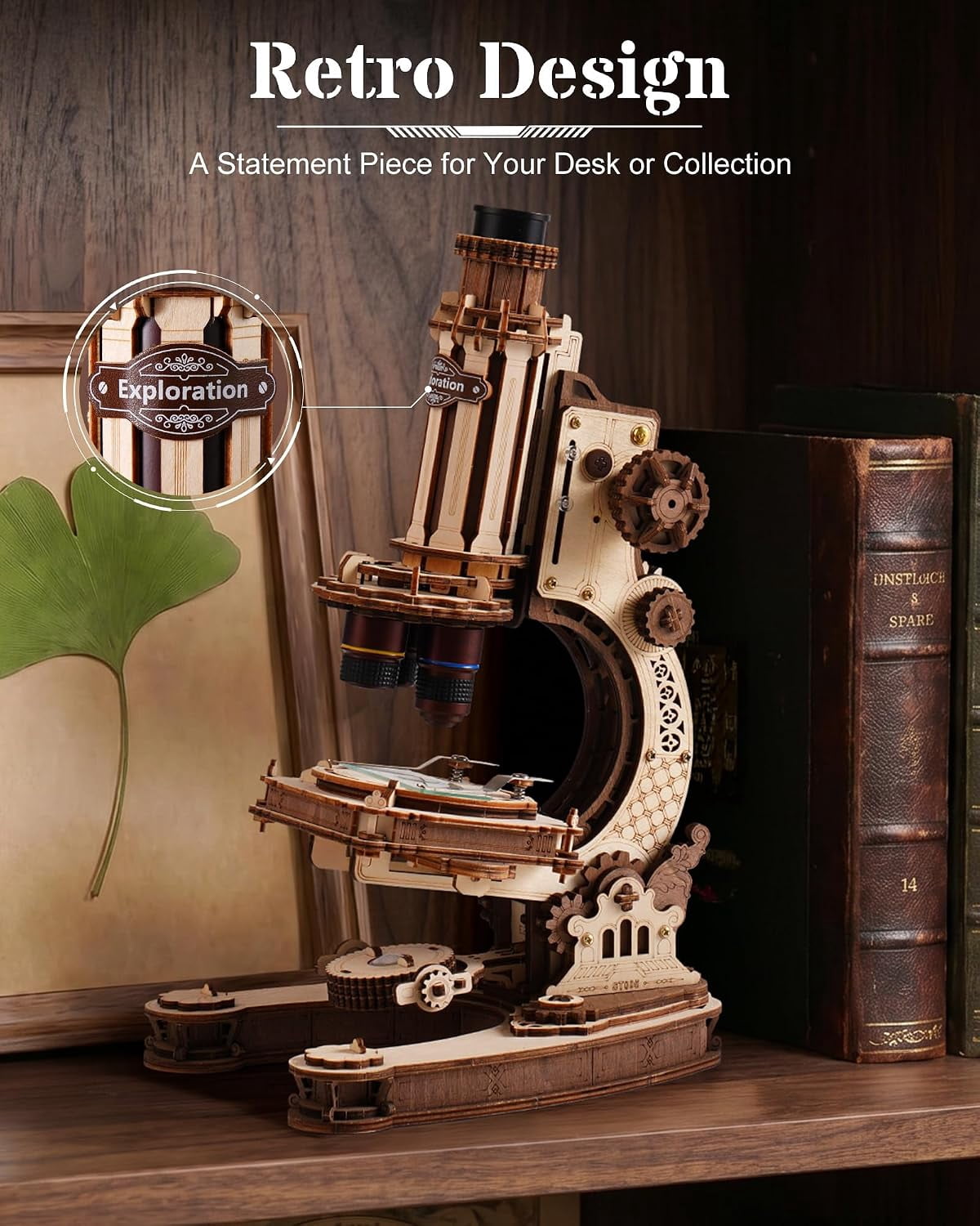 ROKR Functional Wooden Microscope 3D Puzzle Kit, 260-Piece Mechanical Model with 40X, 100X and 400X Magnification, LED Light and Adjustable Focus for Ages 14+